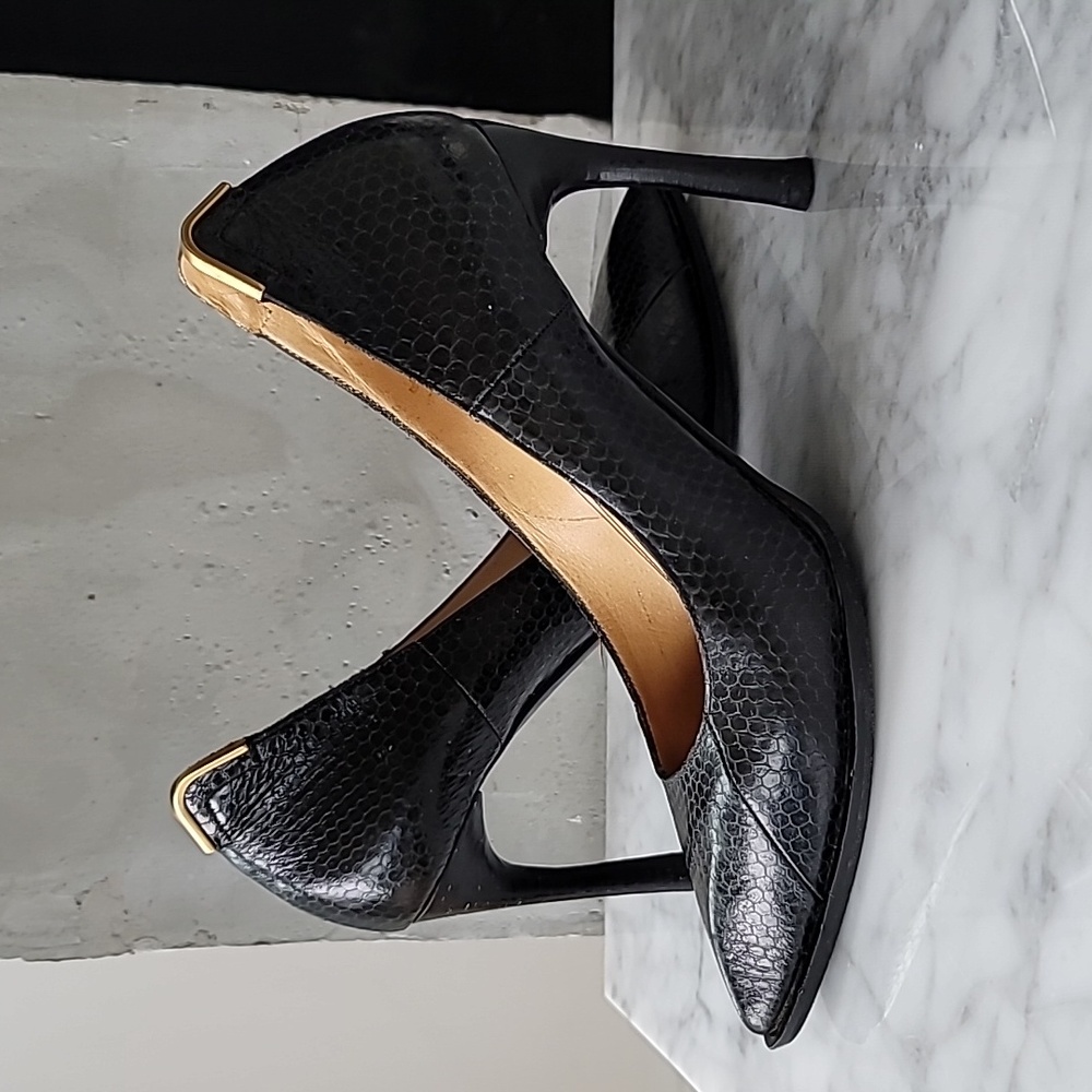 Lanvin black snakeskin heels with gold arched detailing  7 ½